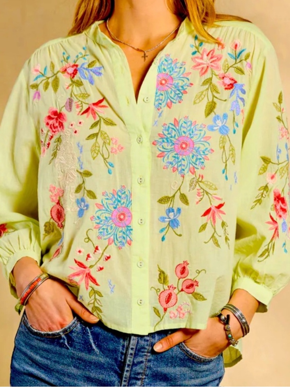 Johnny Was Kamiko Shirred Yoke Blouse Embroidered Floral XS